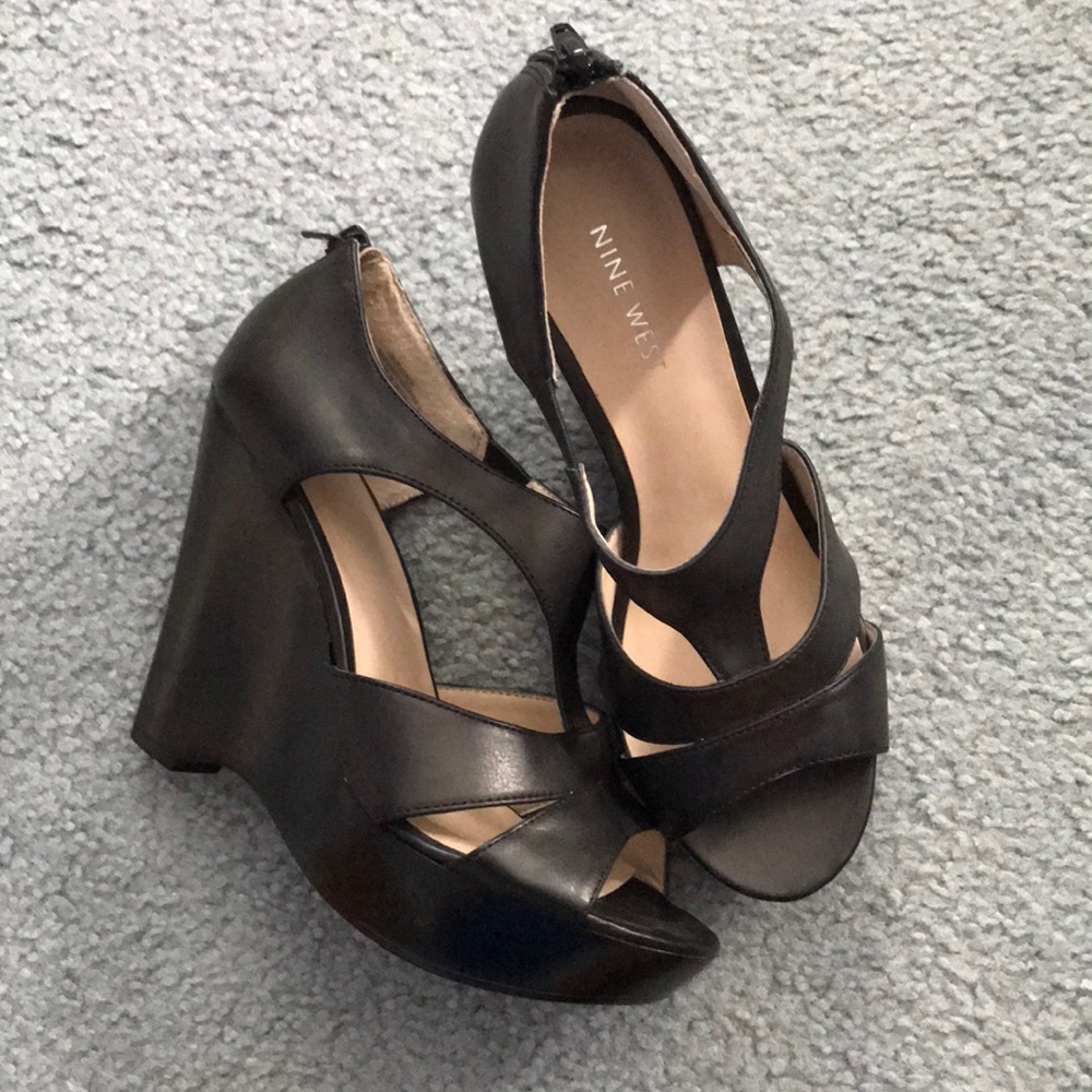 Never worn black “leather” wedged sandals